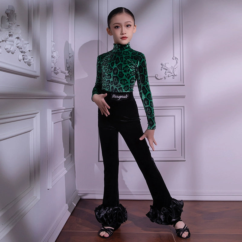 Children's Green Red Leopard Velvet  Latin Dance Dresses for Girls Juvenile Salsa Rumba Chacha Ballroom Dancing Costumes for Kids