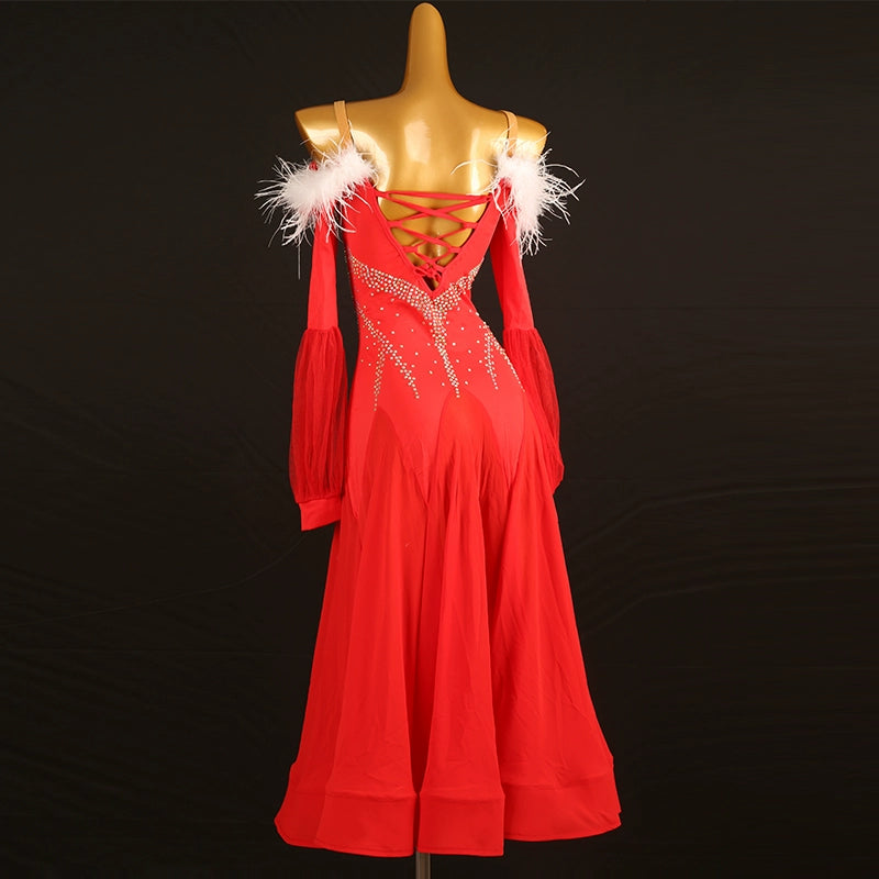 Red with White Feather Competition Ballroom Dance Dress for Women Girls Kids Waltz Tango Flamenco Rhythm Party Performance Ball Gown