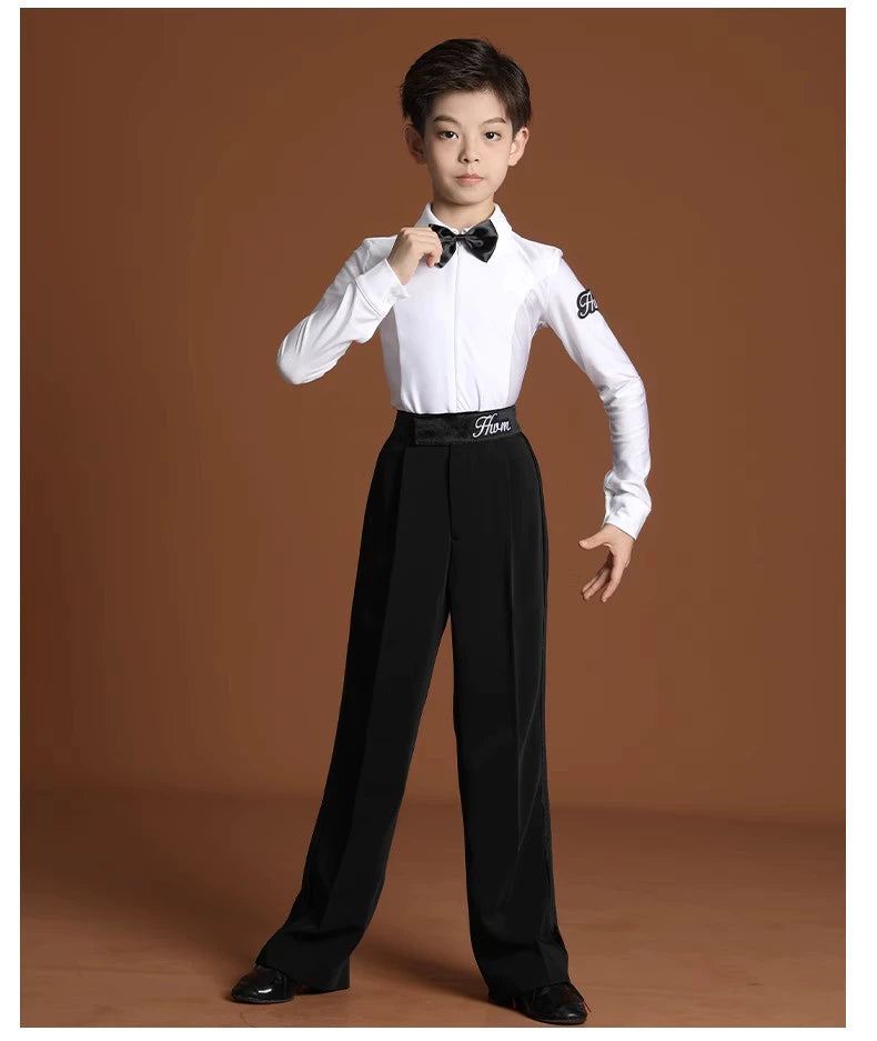 Kids boys white color Professional Latin ballroom Dance Competition shirts Black dance  Pants Standard  dancing costumes for children