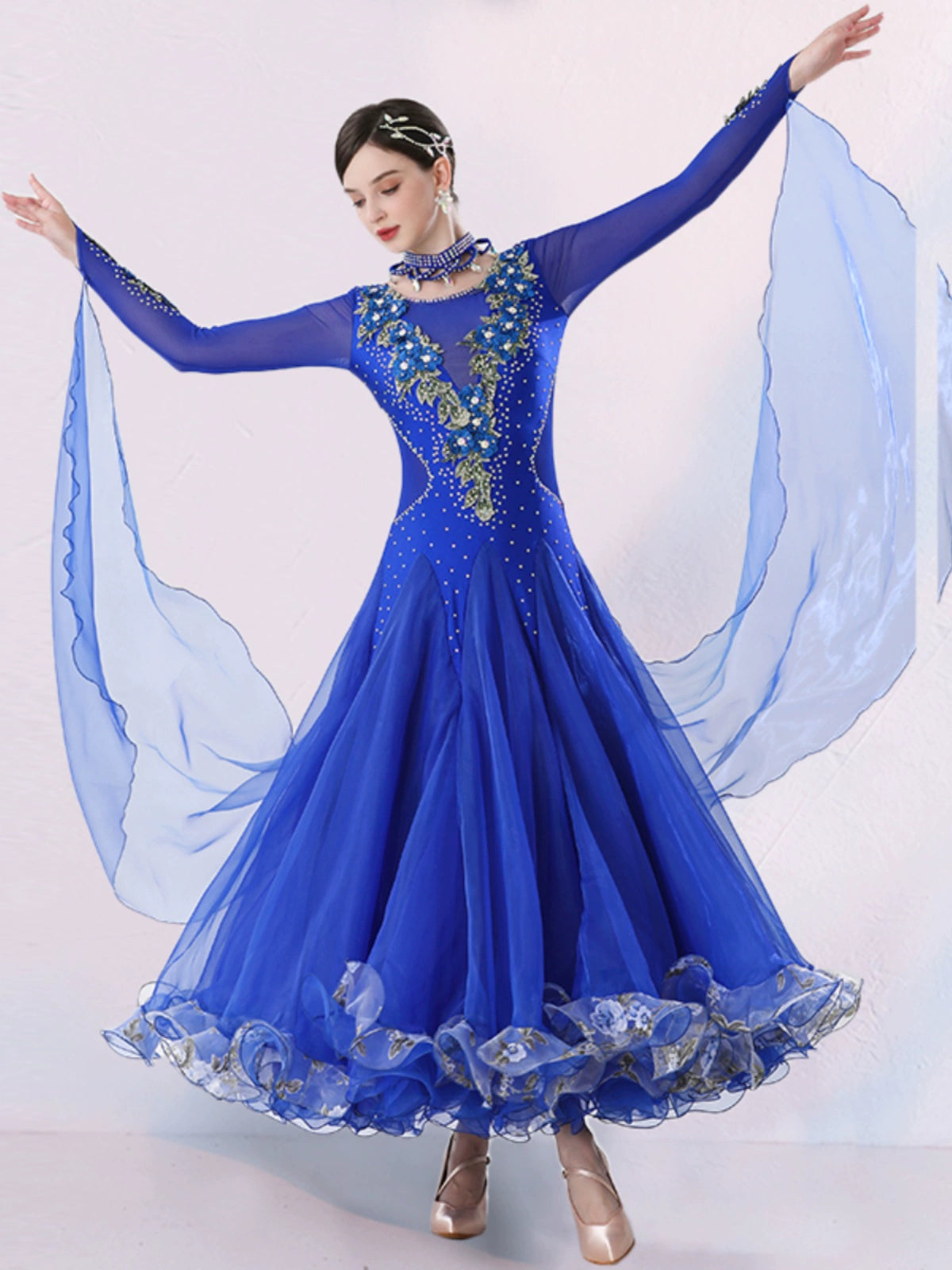 Women's Competition ballroom dance dresses for girls white pink blue waltz tango foxtrot rhythm moving dance long gown with float sleeves