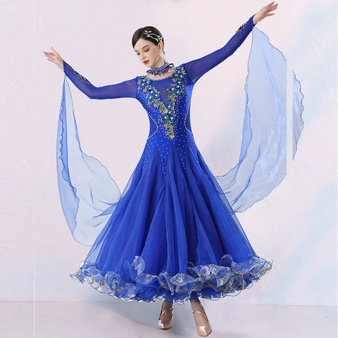 Women's Competition ballroom dance dresses for girls white pink blue waltz tango foxtrot rhythm moving dance long gown with float sleeves