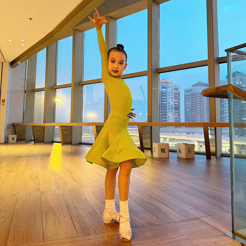 Blue green Latin ballroom dance competition dresses for girls kids salsa rumba chacha  standard dance uniforms