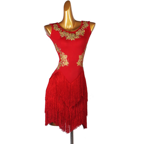 Back Zipper Latin Dance Dress for Women Girls Dark Green Red Salsa Rumba Chacha Tassel Dance Costume  Three-Step Dance Dress