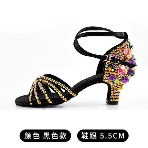 Bronze White Gemstones Latin Dance Shoes for Women Girls Pearl Purple Gemstones High-heeled Latin Ballroom Tango Salsa Jive Chacha Dance Sandals