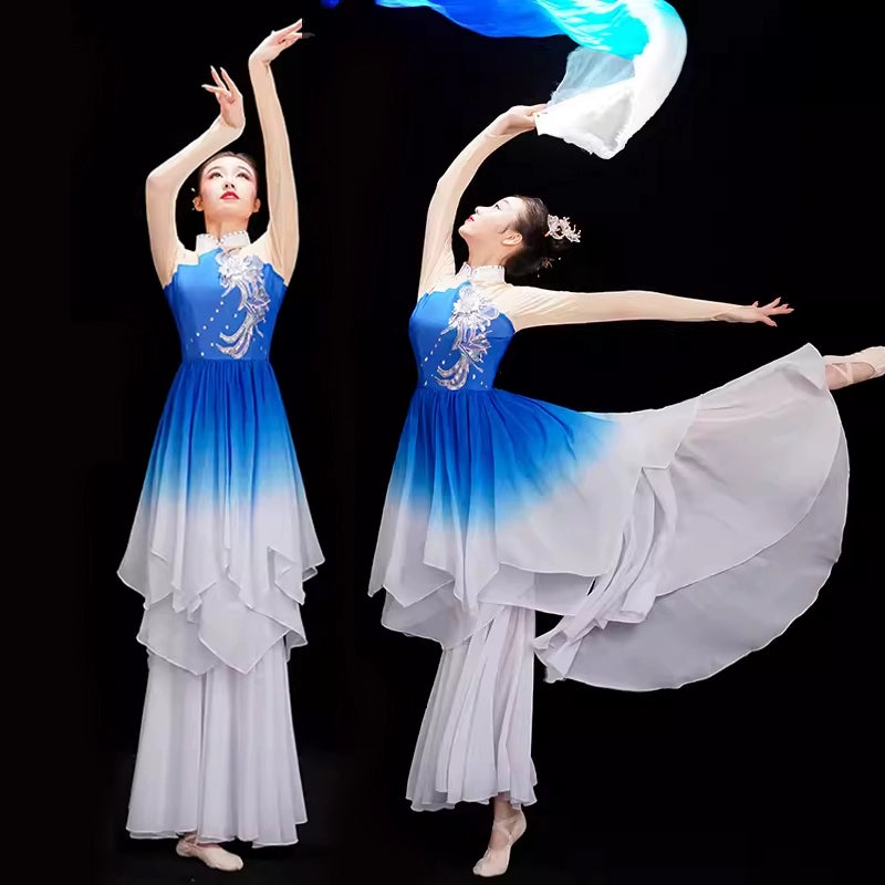 women blue gradient chinese Classical folk dance costumes for women girls solo dance art test umbrella fan dance yangko dacne hanfu