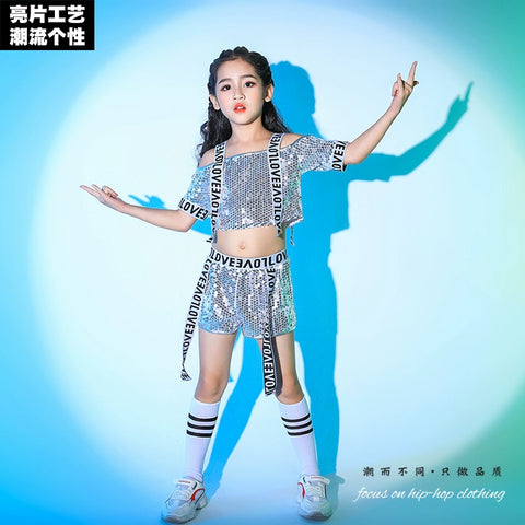 Children's hip hop sreet jazz dance outfits for girls blue silver sequin hiphop dance clothes catwalk model show photos wear for kids