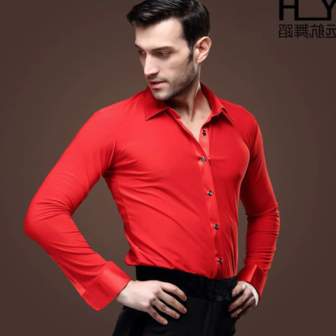 Men's Red White Black Latin Dance Shirt Long Sleeves Turn Down Collar National Standard Salsa Chacha Rumba Social Dance Performance Tops