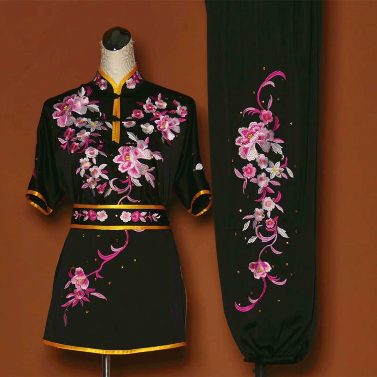 Custom size competition tai chi Wushu uniforms embroidered flower team martial art changquan performance cclothes for adult kids