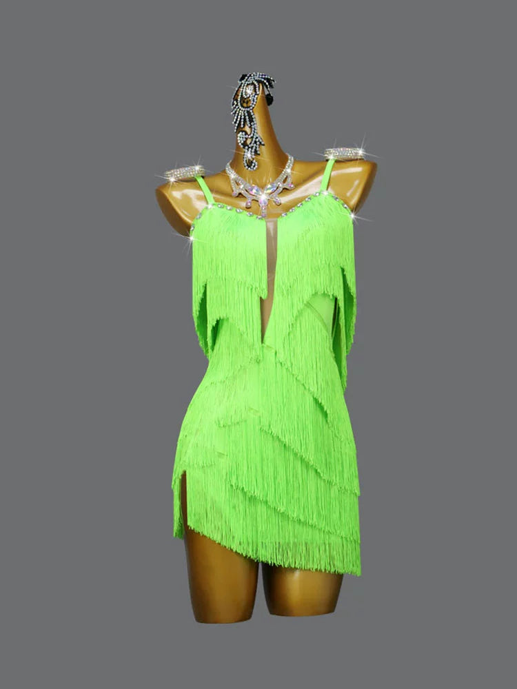 Custom size girls kids adult fluorescent green latin dance dresses salsa rumba chacha ballroom competition clothing fringed skirt