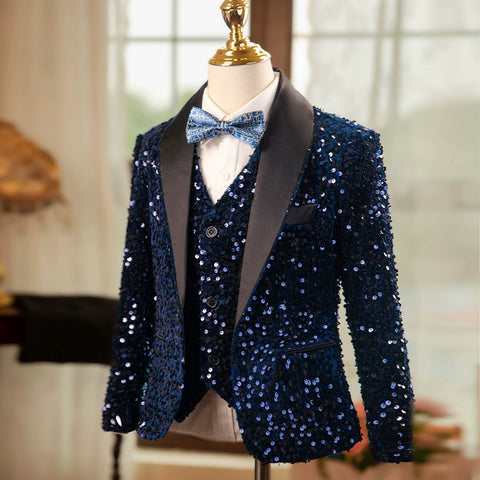 Boys Rainbow Navy Sequins Jazz Dance Coats Host Singers Pianist Performance Blazers Wedding Birthday Party Flowers Boys Jacket for Kids