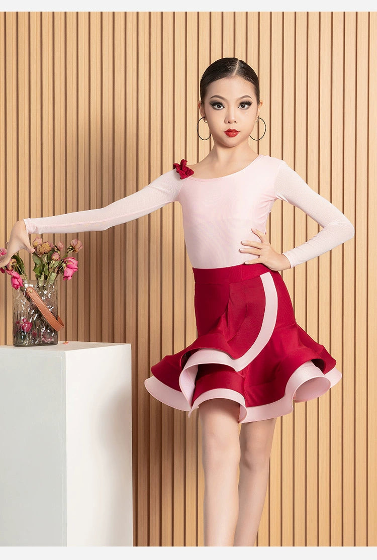 Pink with Red Girls Latin Dance Dresses Salsa Rumba Chacha Long Sleeves Ruffles Professional Dance Wear for Children