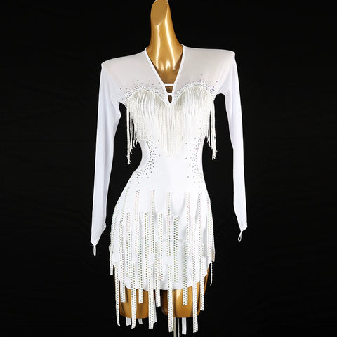 White Bling Fringe Latin Dance Competition Dresses for Women Girls Long Sleeves Salsa Rumba Chacha Senior Performance Skirts