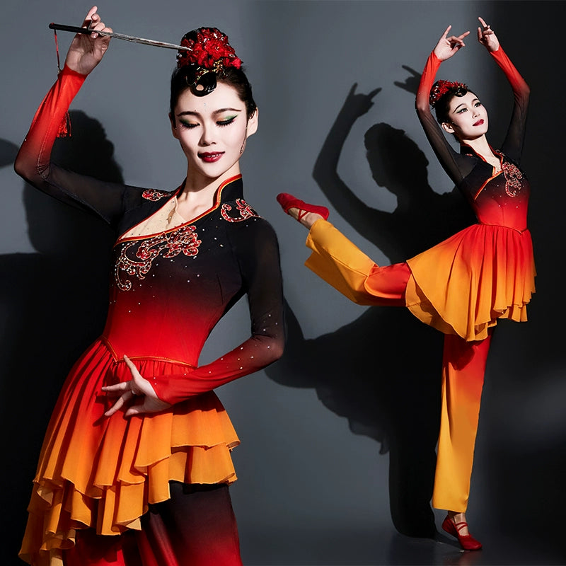 Red Chinese folk dance costumes for women girls Jiaozhou Yangge dance performance uniform classical fan dance repertoire dance art test wear