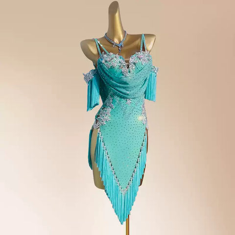 Custom Size Turquoise Green Fringe Latin Dance Competition Dresses for Women Girl Kids Diamond Salsa Rumba Chacha Performance Costumes