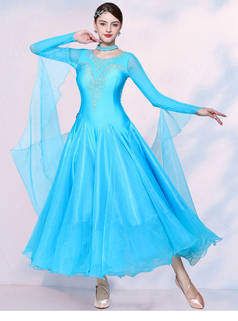 Turquoise Yellow Competition Ballroom Dance Dresses for Women Girls Waltz Tango Rhythm National Dance Gown