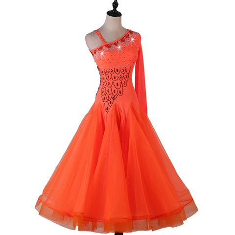 One Shoulder Rhinestones Competition Ballroom Dance Dresses for Women Girls Orange Black Waltz Tango Foxtrot Rhythm Performance Long Gown