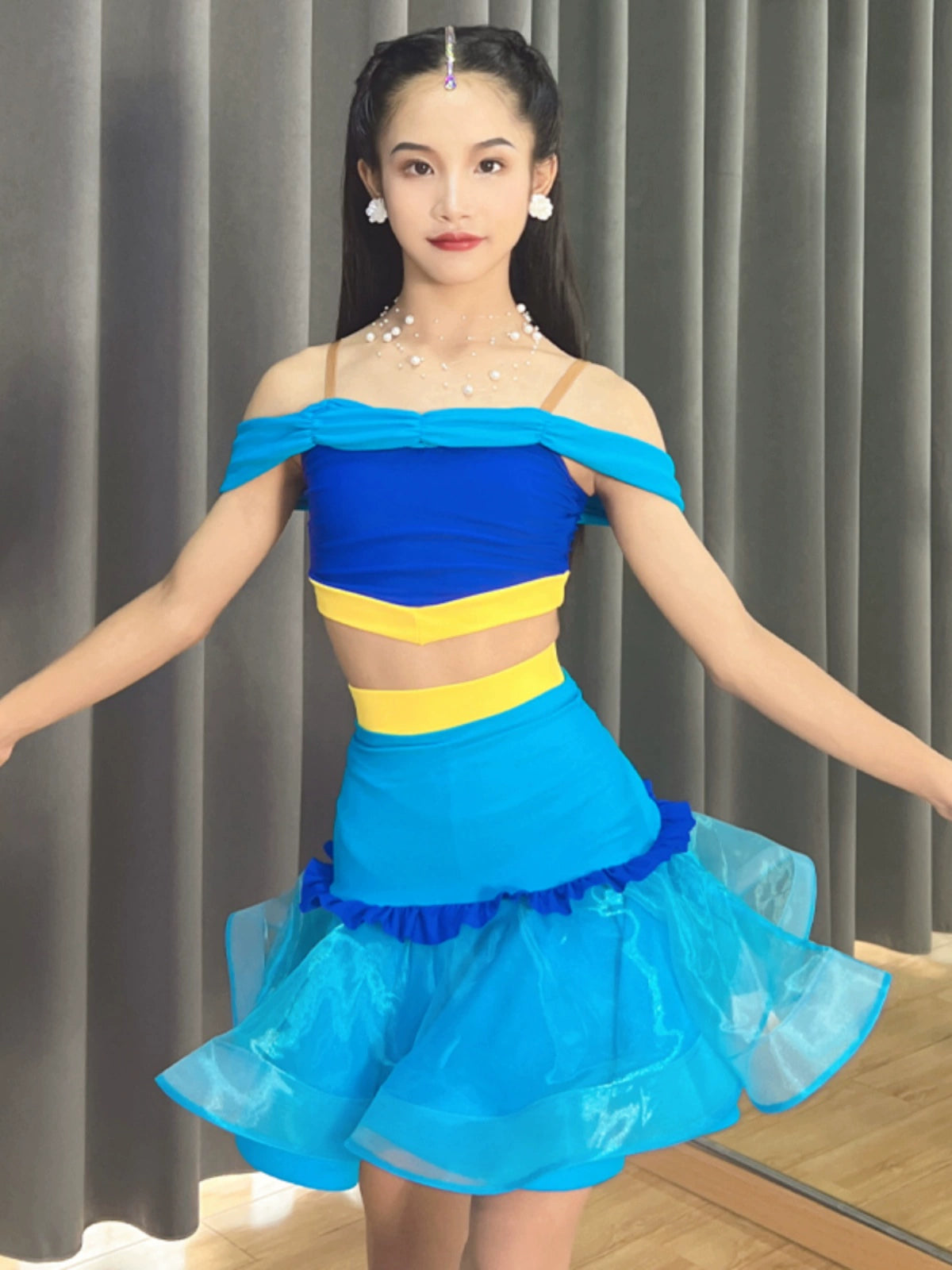 Blue yellow children's Latin dance dance dresses salsa ballroom performance skirts off-the-shoulder practice outfits for kids