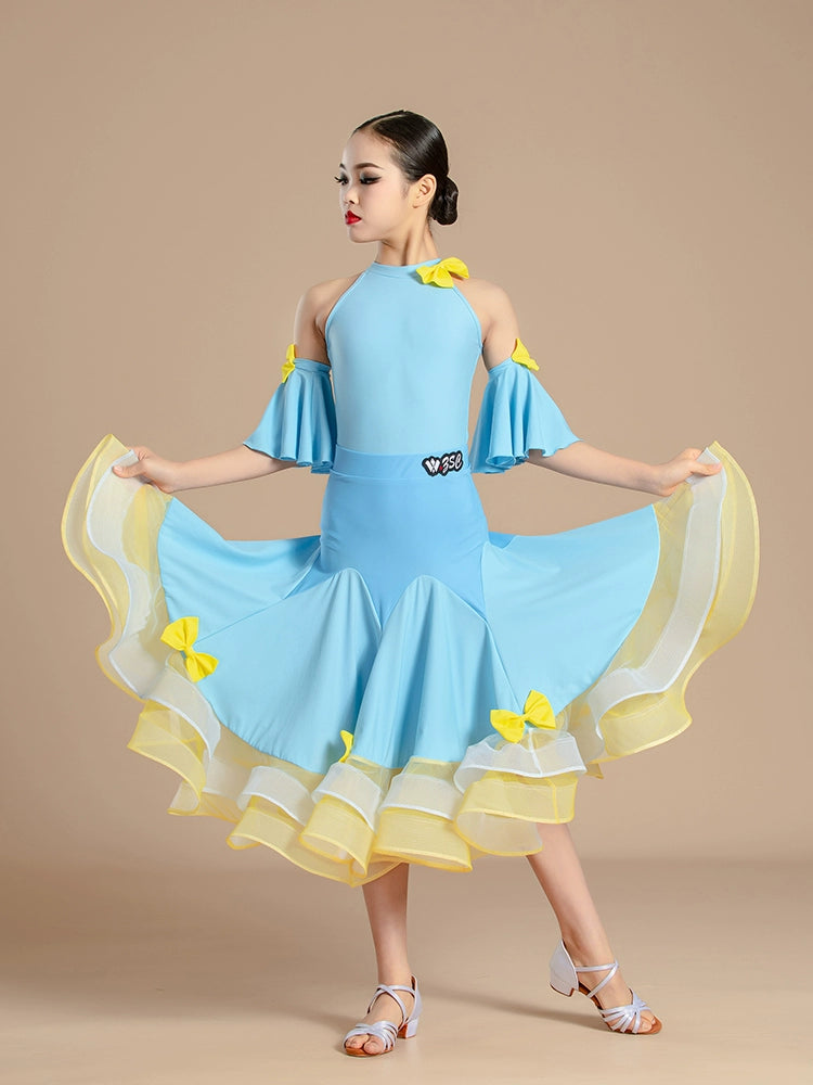 Blue with Yellow Modern National Ballroom Dance Dresses for Girls Kids Children's Waltz Professional Competition Practice Outfits for Children