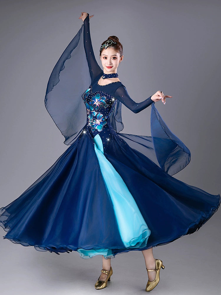 Navy Red Competition Ballroom Dance Dresses for Women Girls Diamond Waltz Tango Foxtrot Rhythm Performance Costumes