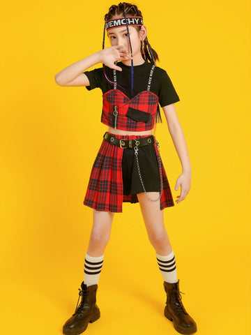 Girls Jazz Costume Hip Hop Street Dance outfits children gogo dancers British style plaid Cheerleading Show clothes for kids