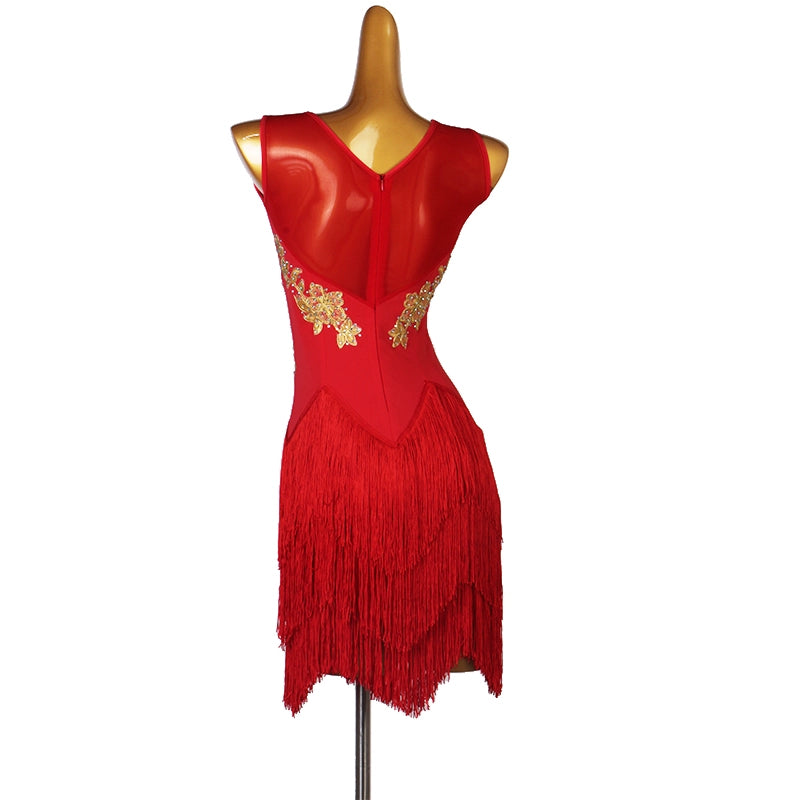 Back Zipper Latin Dance Dress for Women Girls Dark Green Red Salsa Rumba Chacha Tassel Dance Costume  Three-Step Dance Dress