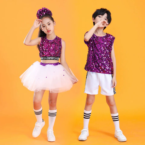 Children's Purple Sequined Jazz Dance Costumes Tutu Skirts Girls Boys Modern Dance Stage Performance Outfits for Kids