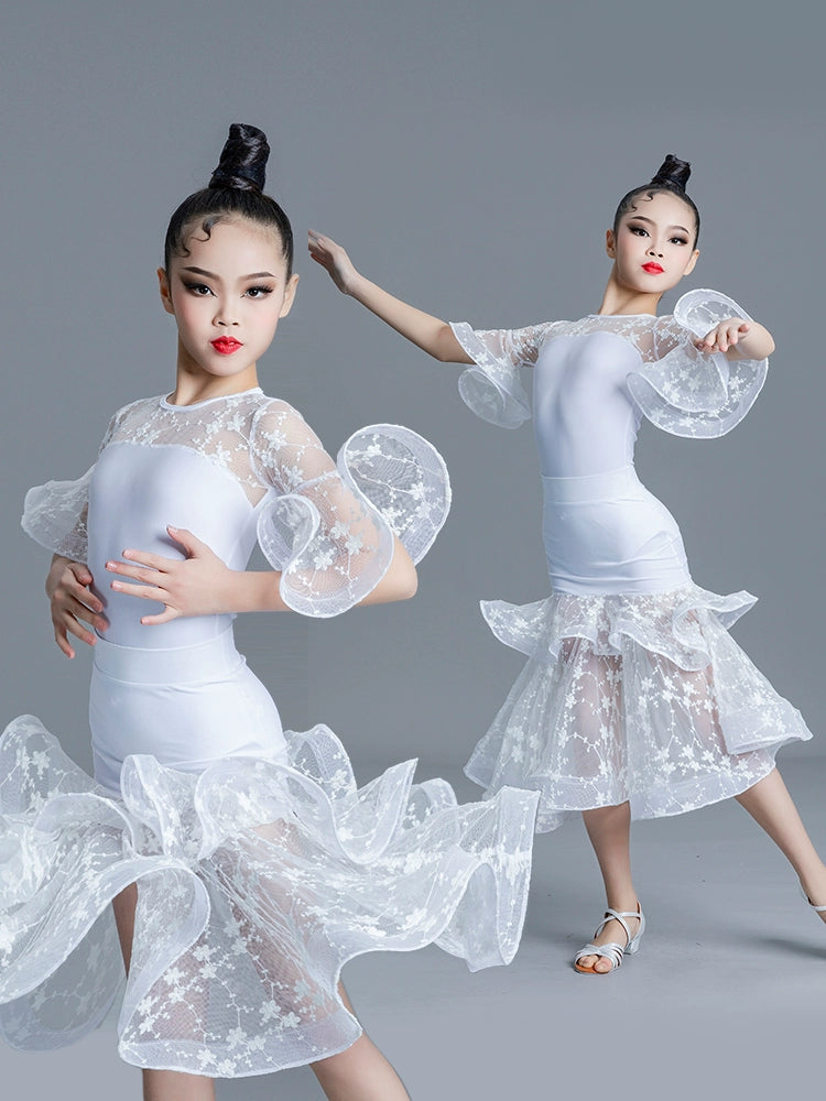 Children' Girls White Pink Green Lace Ballroom Dance Dresses for Kids Waltz Ballroom Tango Dance Competition Performance Clothes