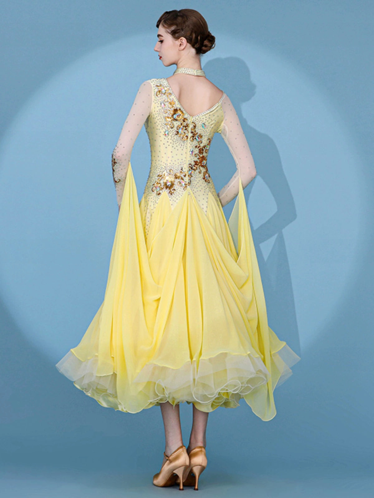 Custom size yellow competition ballroom dance dresses for women girls kids gemstones senior waltz tango foxtrot smooth dance gown