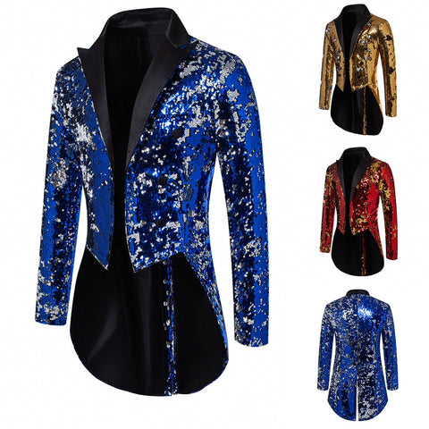 Men's gold red blue sequin jazz dance coats Magician singers nightclub bar dj ds performance long tuxedo jackets Wedding party Banquet outwear