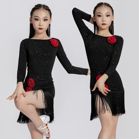 Black Pink Rose Flowers Latin Dance Performance Dresses for Girls Kids Salsa Rumba Chacha Dance Costumes Modern Dance Skirts