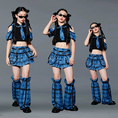 Girls Jazz Street Dance Costume Blue Green Plaid Hiphop Rapper Singers Stage Performance Outfits Model Show Photos Shooting Party Trendy Clothes for Kids