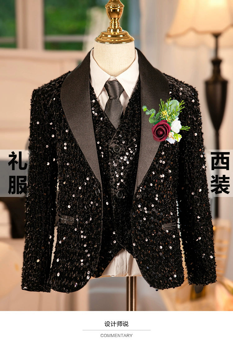 Children Boys Jazz Dance Black Sequined Coat Wedding Party Flower Boys Dress Suit Boy Host Pianist Performance Jacket British Style