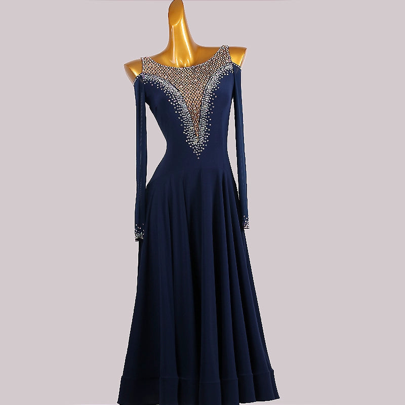 Custom Size Handmade Competition Navy Ballroom Dance Dresses for Women Girls Hollow Shoulder Waltz Tango Foxtrot Smooth Dance Long Gown for Female