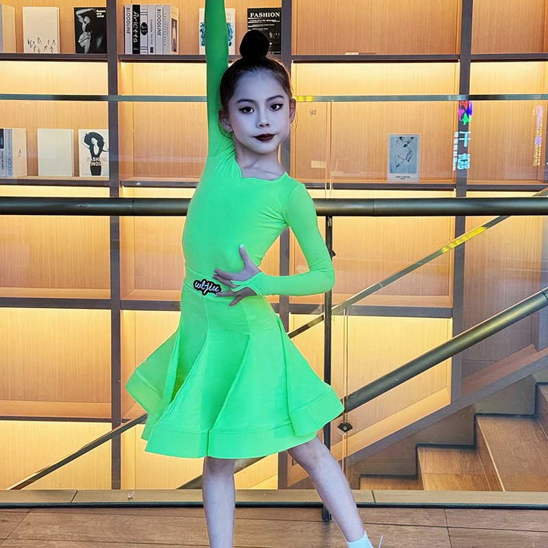 Blue green Latin ballroom dance competition dresses for girls kids salsa rumba chacha  standard dance uniforms