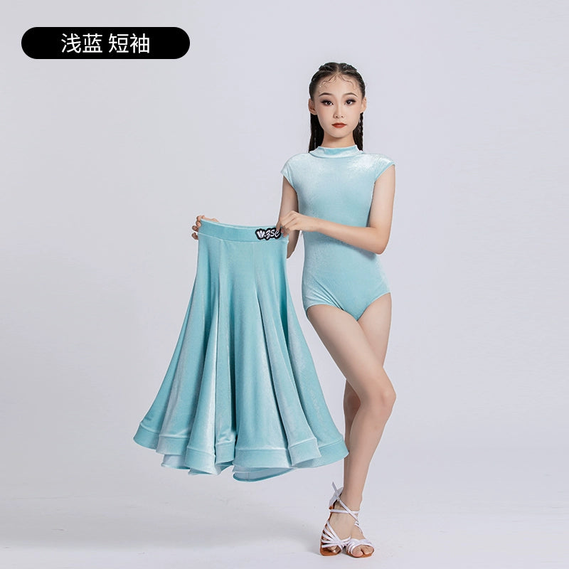 Light Blue Dark Green Velvet Ballroom Dance Dresses for Girls Kids Waltz Tango Rhythm Party Dance Ballroom Gown Performance Training Outfits