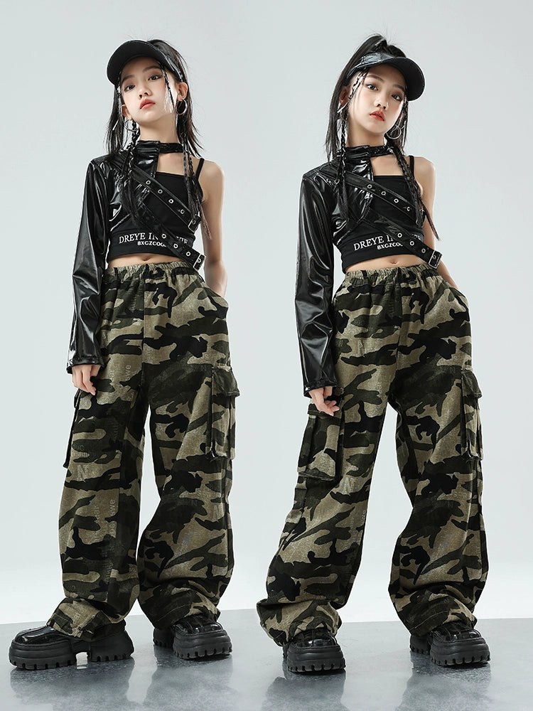 Girls Jazz Dance Costume Kids Rapper Singers Hip Hop Street Dance Outfits Single Sleeve Leather Coat Camouflage Pants