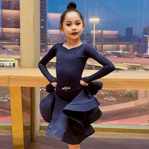 Blue green Latin ballroom dance competition dresses for girls kids salsa rumba chacha  standard dance uniforms