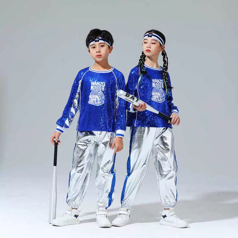 Children's Cheerleading Costumes Silver Blue Sequins Jazz Hip Hop Street Outfit for Girls Boys Opening Ceremony Jazz Dance Outfits for Kids