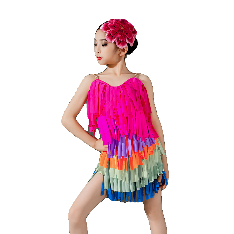 Children rainbow fringe competition Latin dance dresses kids girls ballroom salsa rumba chacha  performance clothes