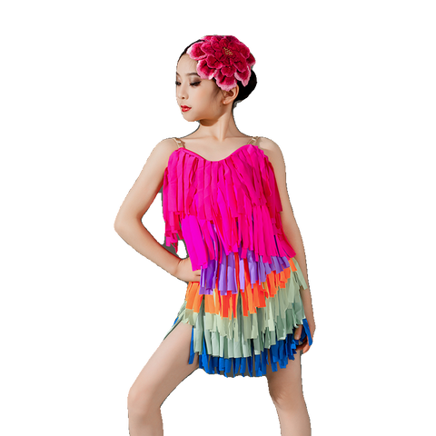 Children rainbow fringe competition Latin dance dresses kids girls ballroom salsa rumba chacha  performance clothes