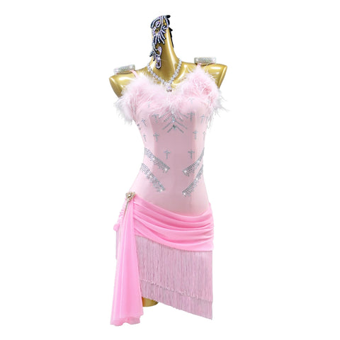 Pink Feather Fringe Latin Dance Dress for Women Girls Kids Latin Salsa Chacha Rumba Competition Performance Costume