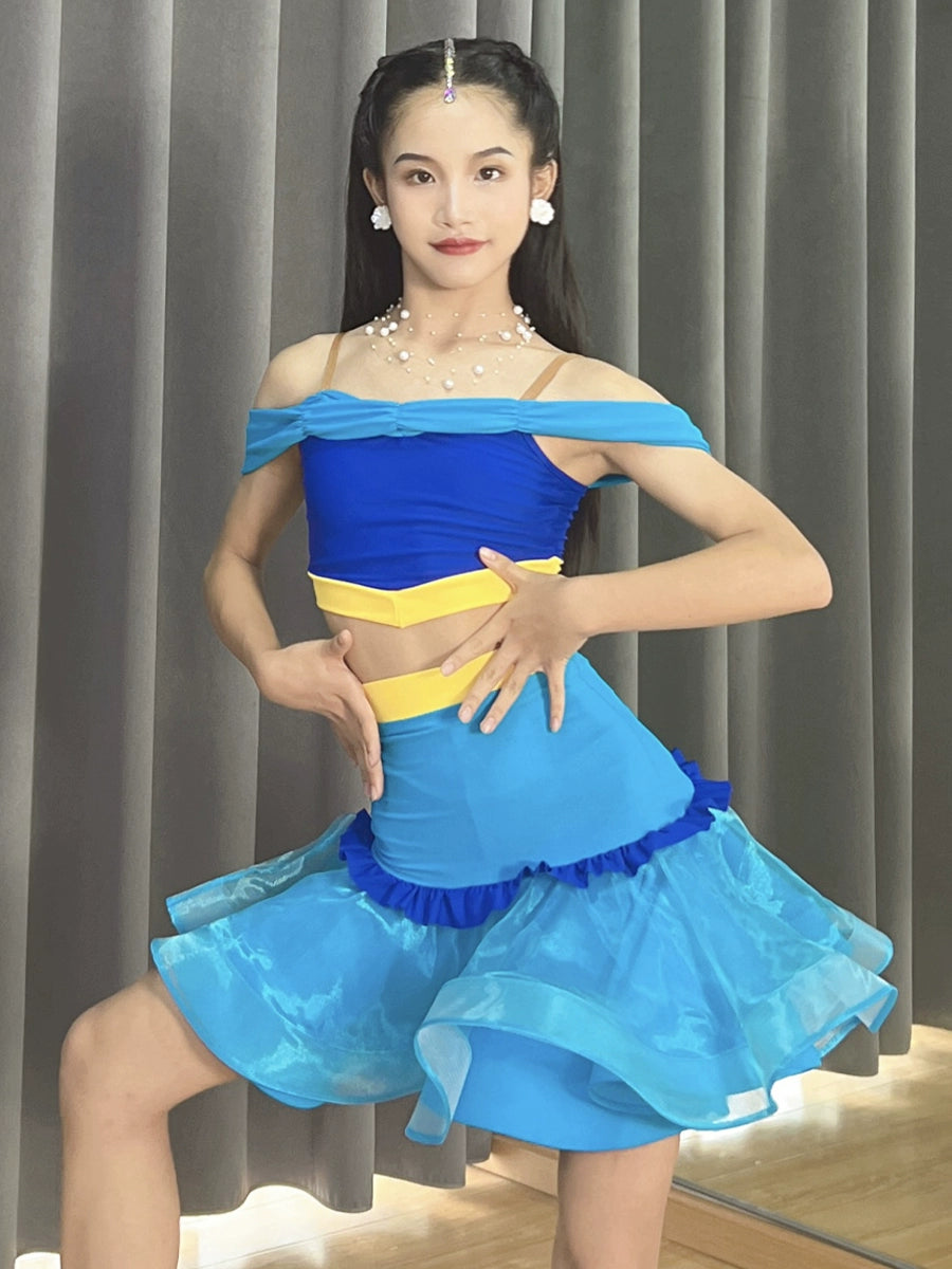 Blue yellow children's Latin dance dance dresses salsa ballroom performance skirts off-the-shoulder practice outfits for kids