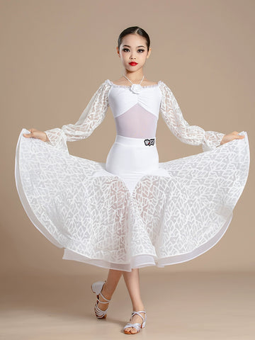 White Lace Competition Modern National Ballroom Dance Dresses for Girls Kids Dew Shoulder Waltz Tango Art Test Performance Costumes