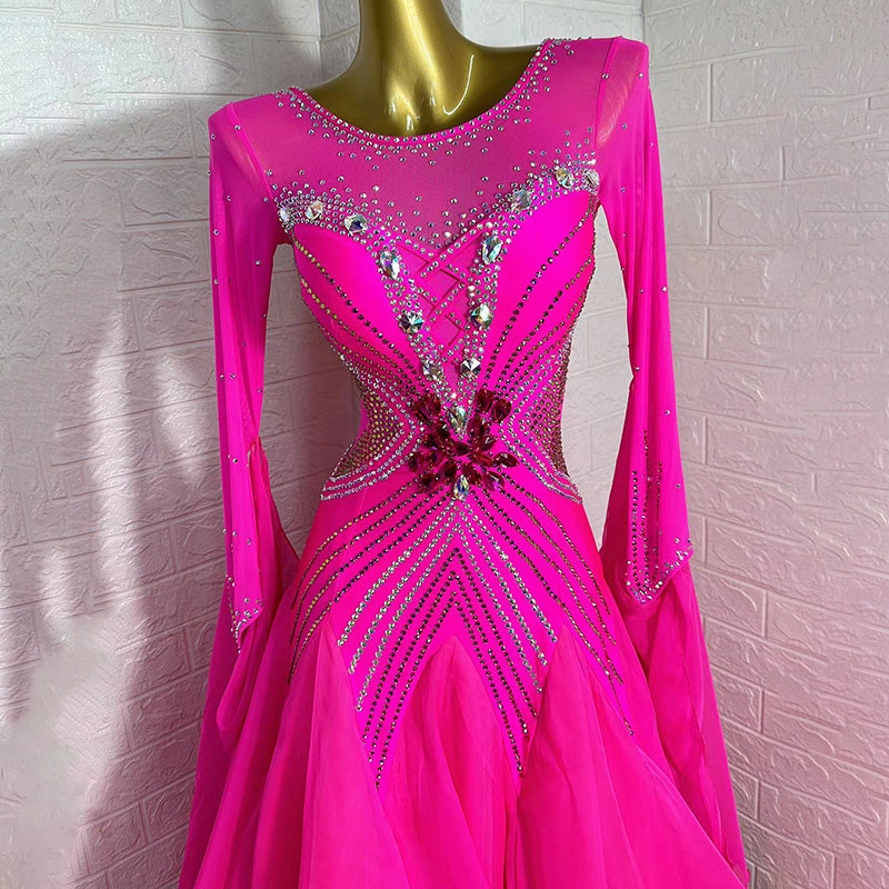 Customized Size Fuchsia Ballroom Dance Dresses for Women Girls Competition Stones Tango Waltz Performance Long Gown