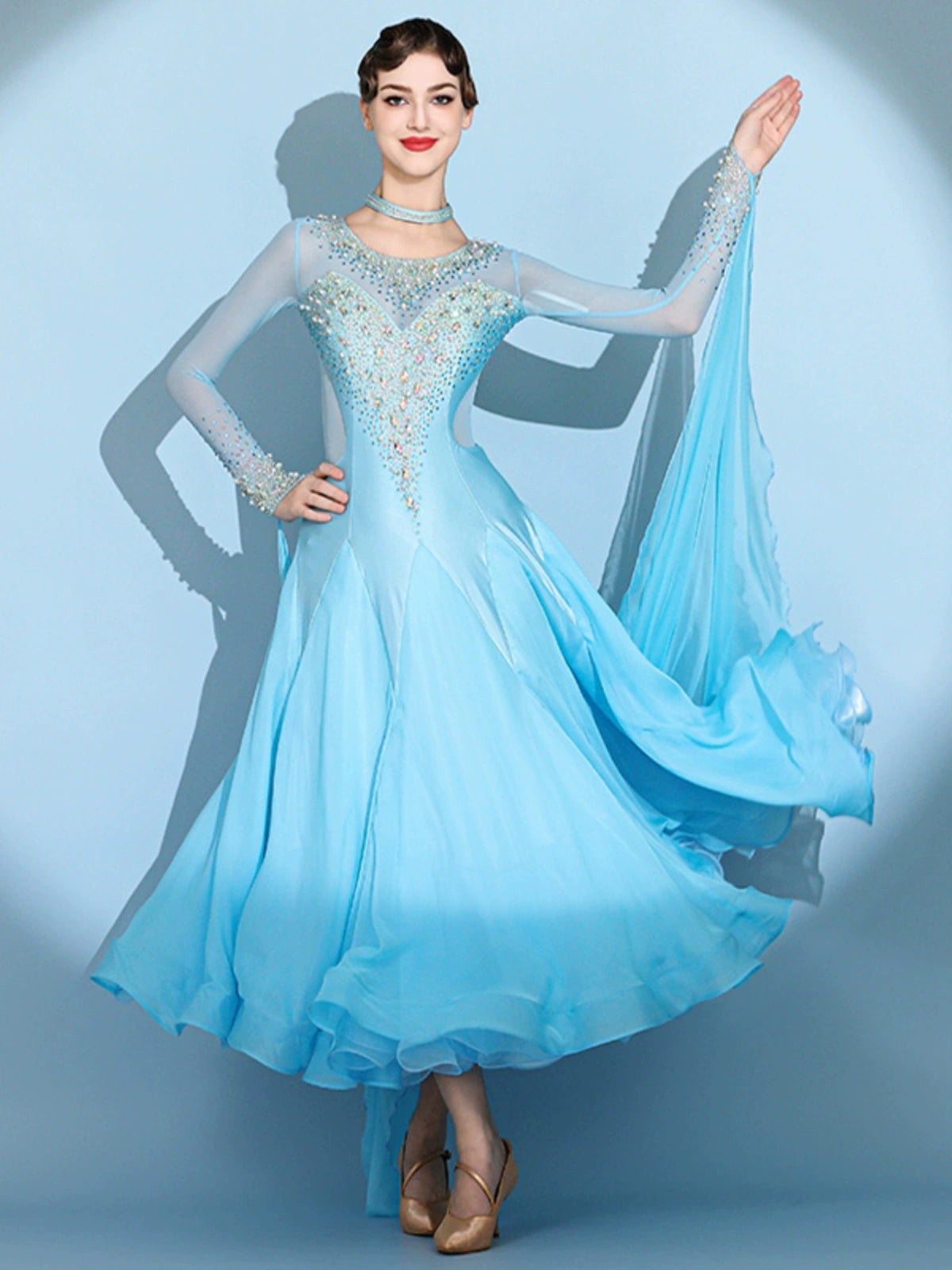 Custom size blue gemstones ballroom competition dresses for women girls children waltz tango foxtrot senior dance performance gown