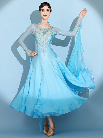 Custom size blue gemstones ballroom competition dresses for women girls children waltz tango foxtrot senior dance performance gown