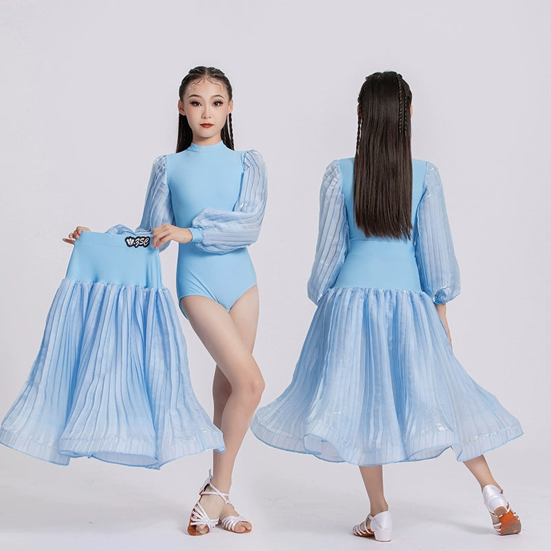 Light blue Yellow Ballroom Dance dresses for kids girls professional national waltz foxtrot smooth dance long gown for Children