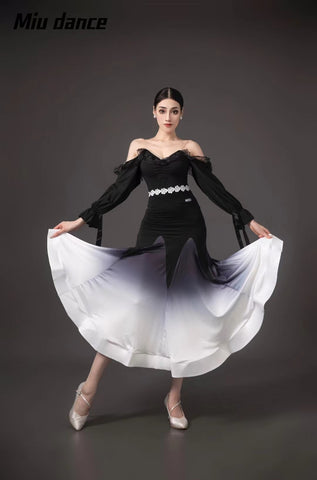 Black White Gradient Off Shoulder Ballroom Dance Dresses for Women Girls Waltz Tango Rhythm Fishbone Skirt