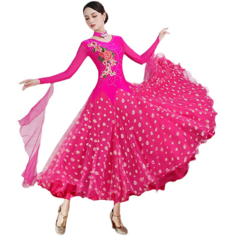 Custom Size Flowers Fuchsia Ballroom Dance Dresses for Women Girls Rhinestones Waltz Tango Rhythm Smooth Dance Long Swing Skirts