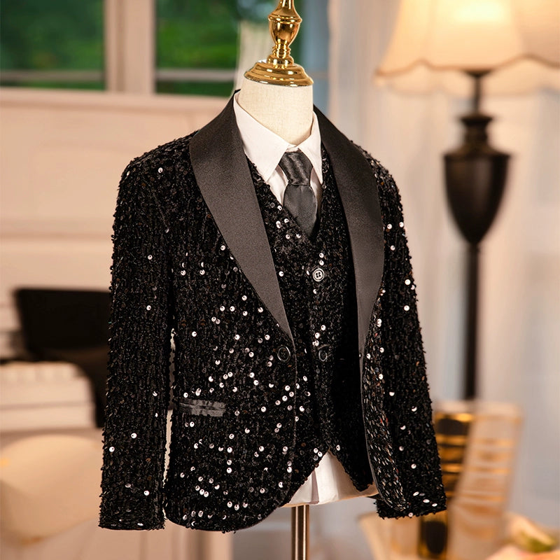 Children Boys Jazz Dance Black Sequined Coat Wedding Party Flower Boys Dress Suit Boy Host Pianist Performance Jacket British Style